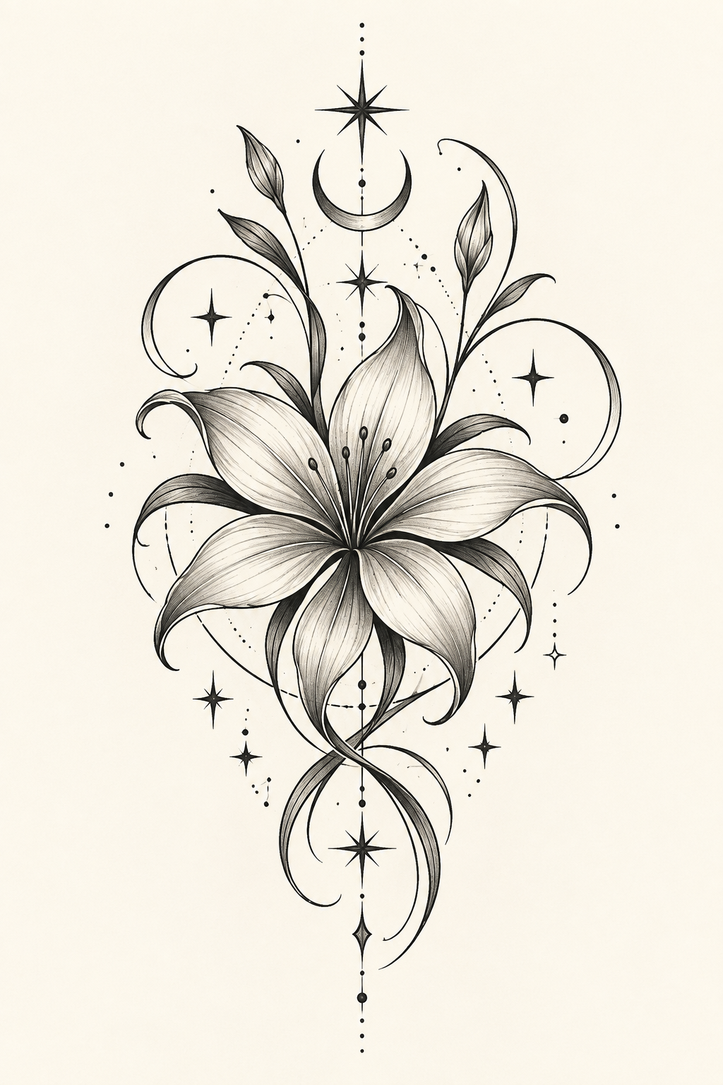 Swirling Star Flower female hip tattoo idea