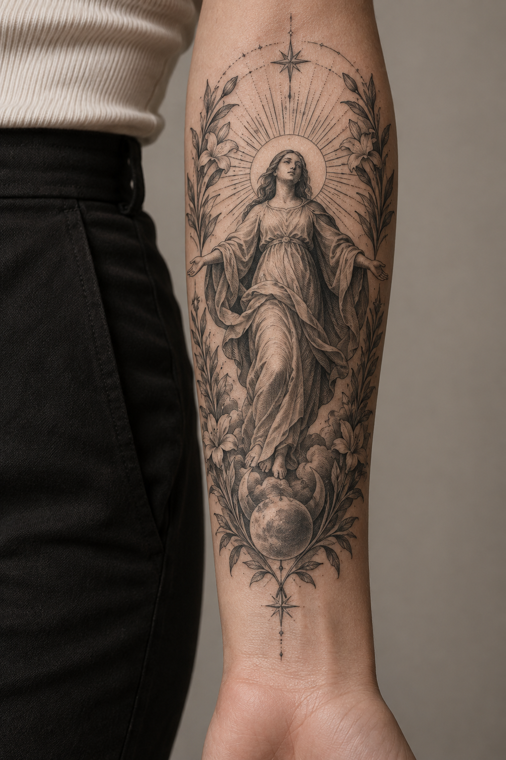 Crucifixion forearm composition engraving style Christian tattoo idea