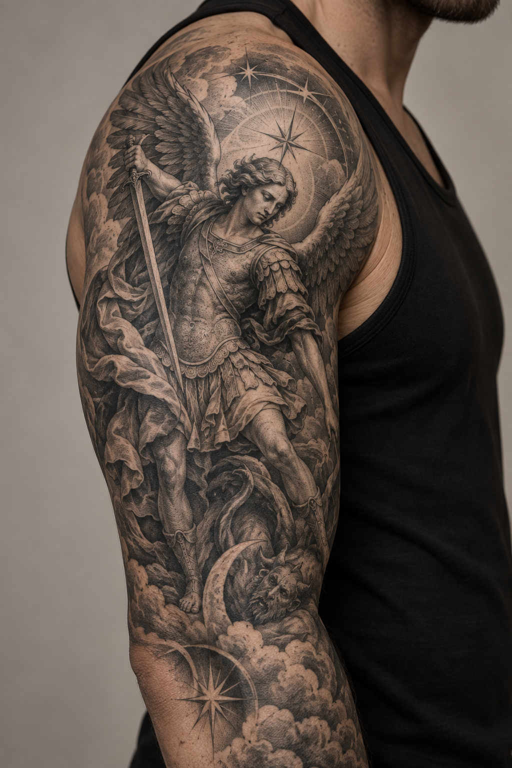 Archangel Michael sleeve engraving style Christian tattoo idea