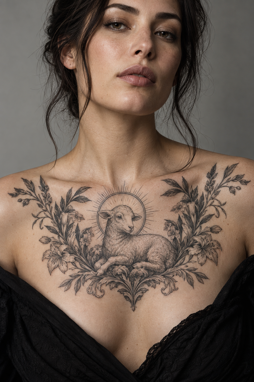 Lamb of God upper chest engraving style Christian tattoo idea