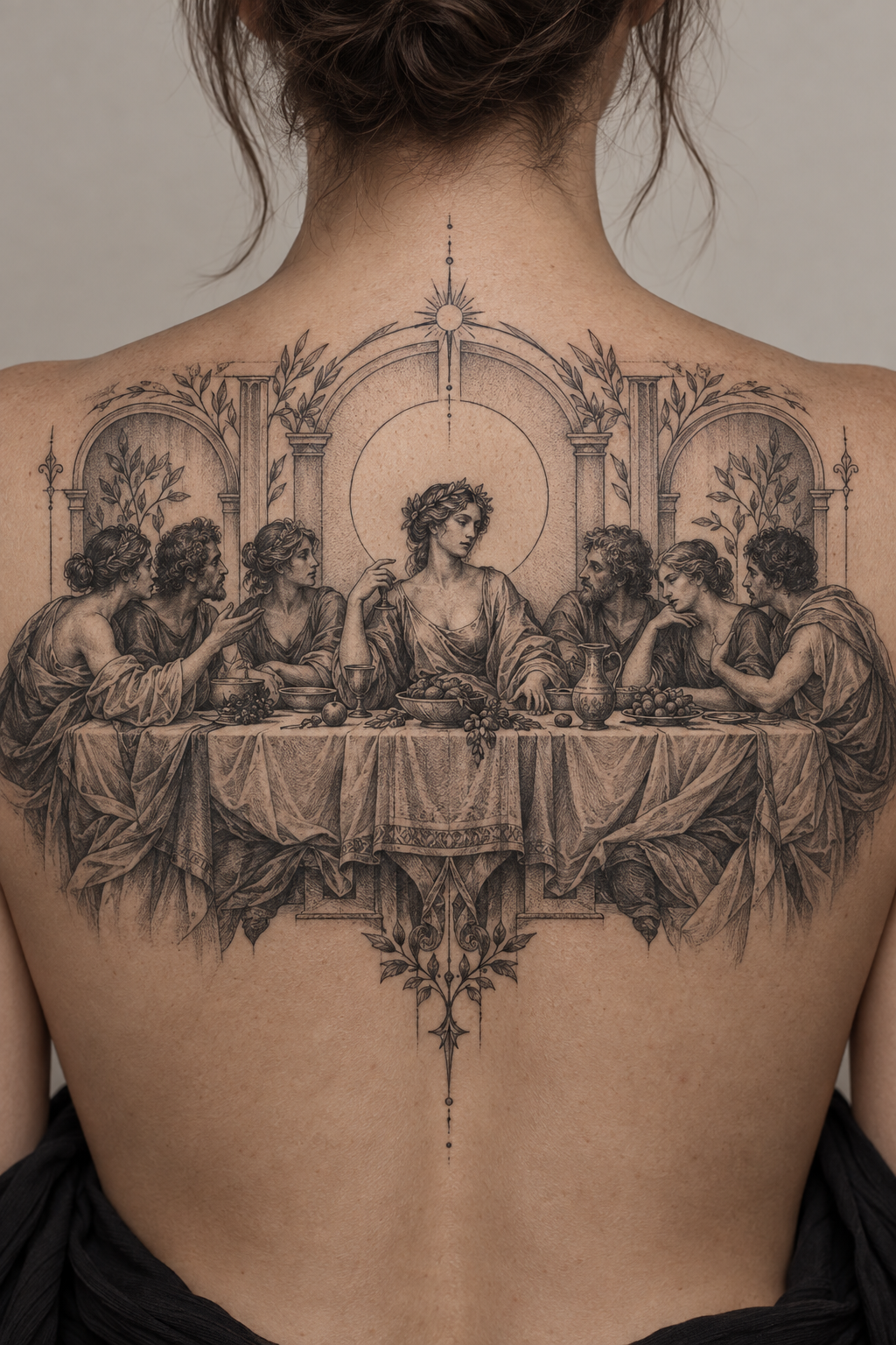 Last Supper upper back engraving style Christian tattoo idea