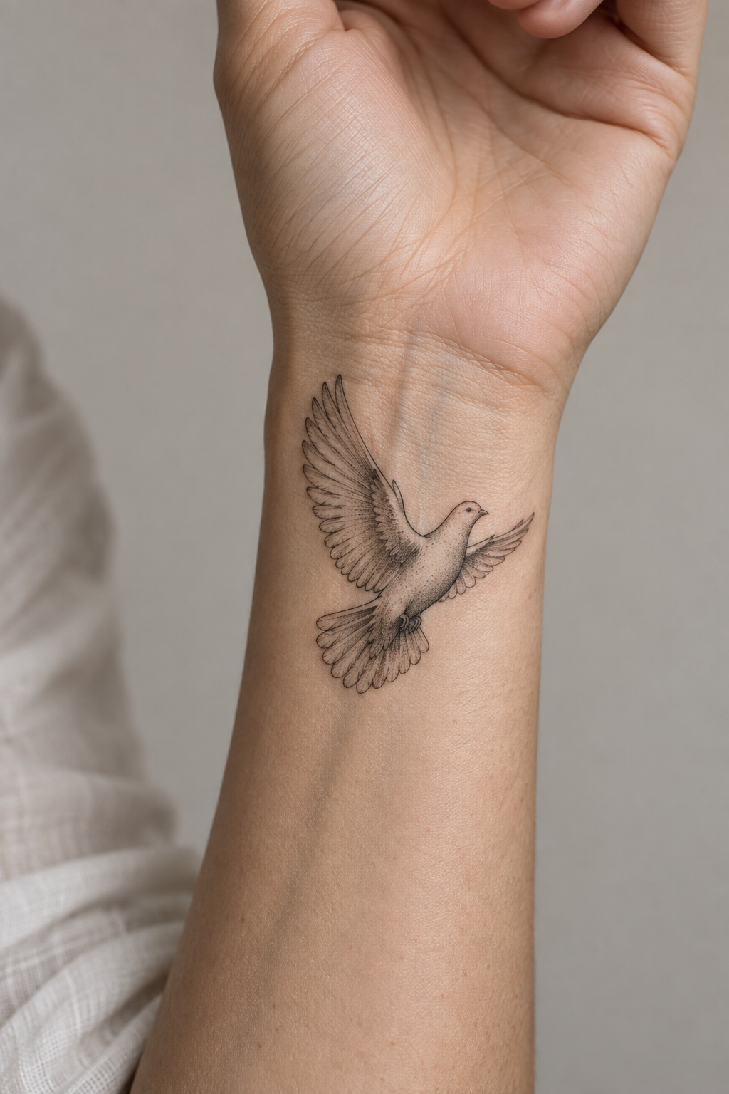 Dove inner wrist engraving style Christian tattoo idea