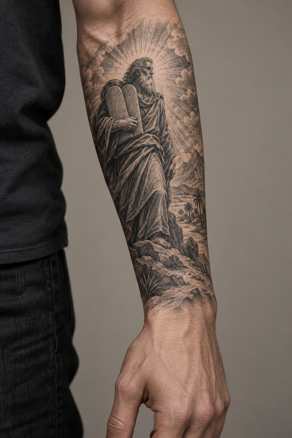 Moses forearm scene engraving style Christian tattoo idea