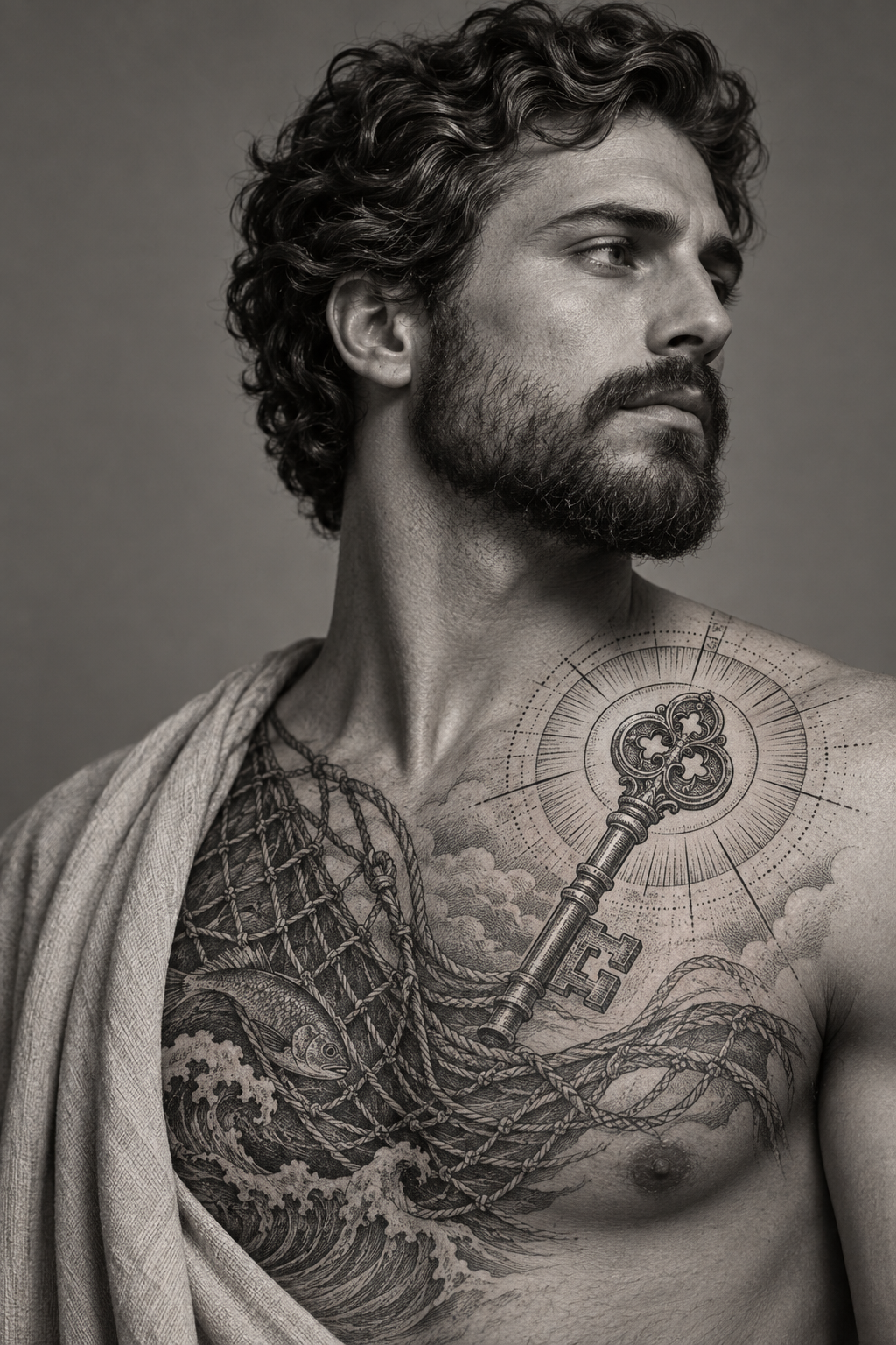 Saint Peter and the net engraving style Christian tattoo idea