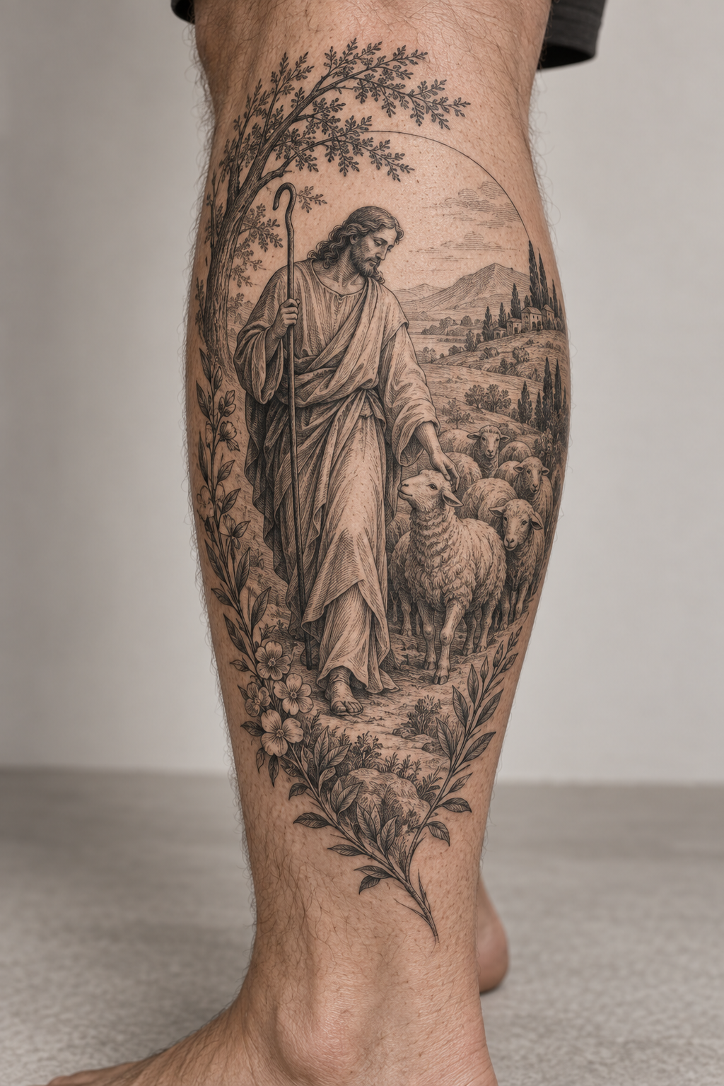 Good Shepherd calf piece engraving style Christian tattoo idea