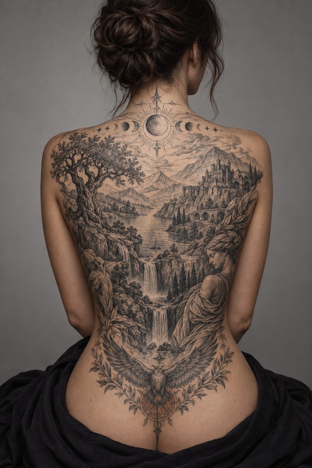 Vertical full-back story engraving style Christian tattoo idea
