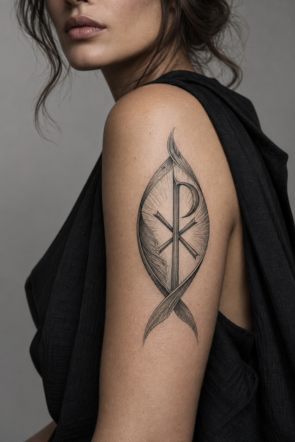 Ichthys and Chi-Rho upper arm engraving style Christian tattoo idea