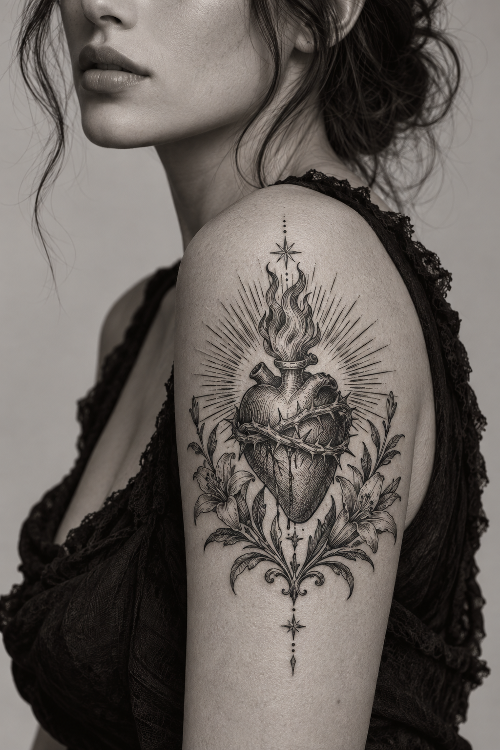 Sacred heart with woodcut texture engraving style Christian tattoo idea
