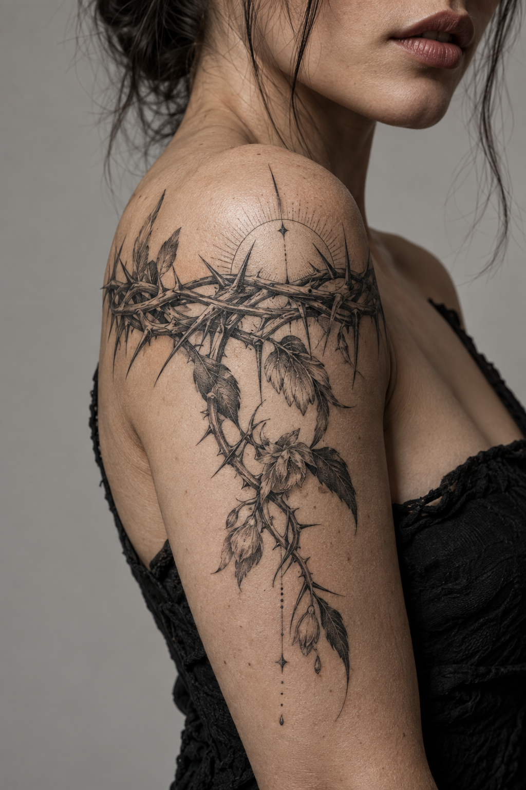 Crown of thorns detail engraving style Christian tattoo idea