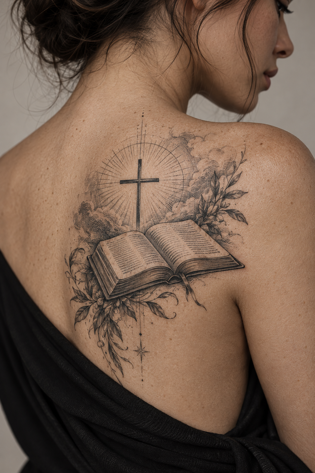 Open Bible and cross engraving style Christian tattoo idea