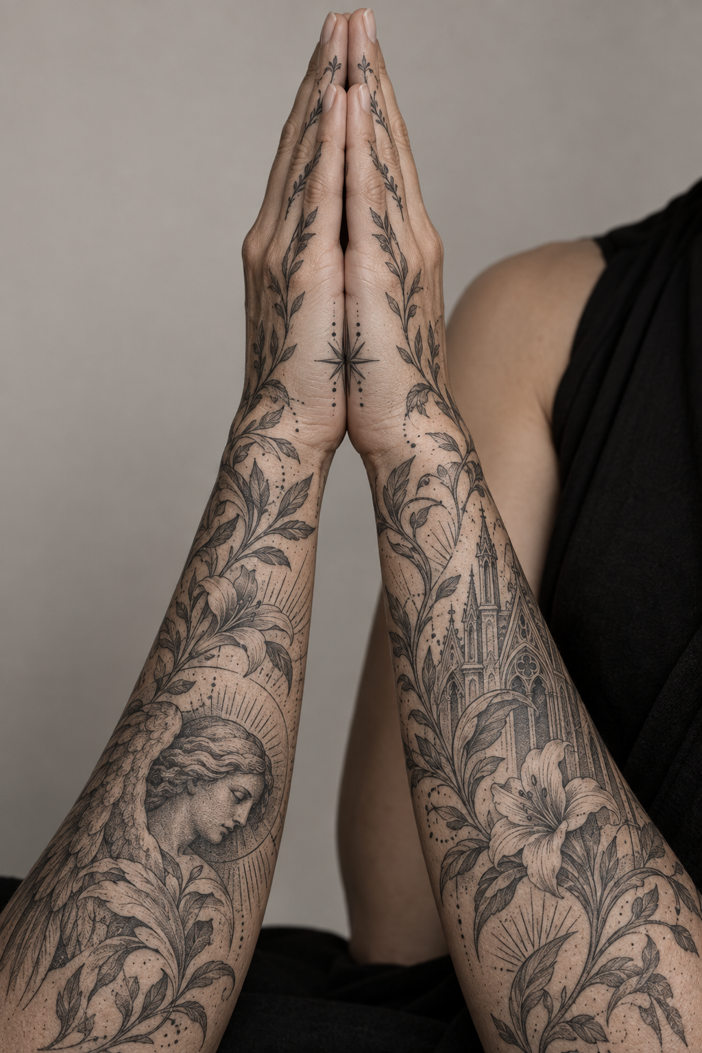 Praying hands composition engraving style Christian tattoo idea