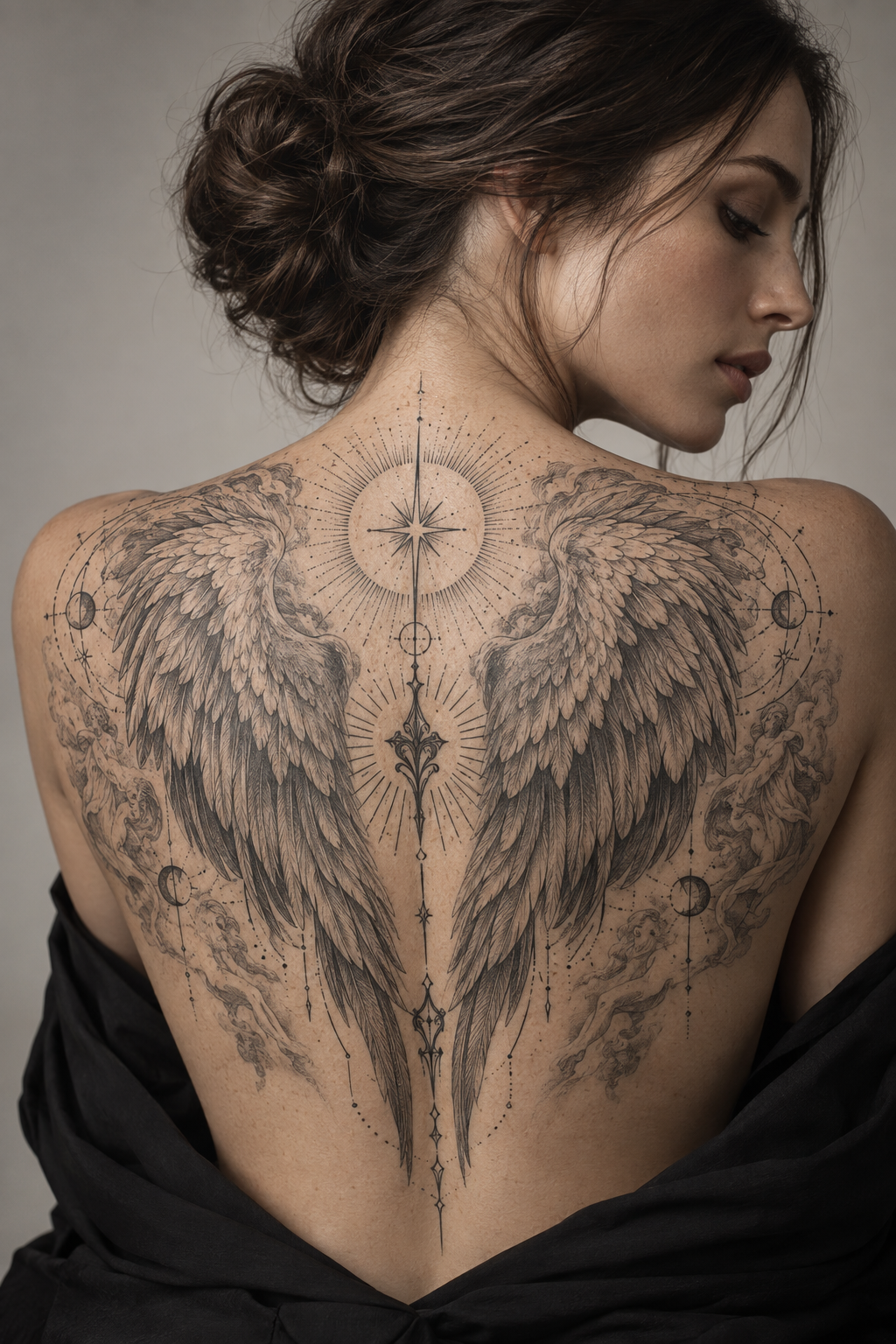 Angel wings and scripture engraving style Christian tattoo idea