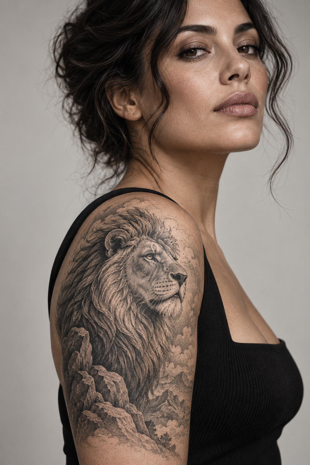 Biblical lion portrait engraving style Christian tattoo idea