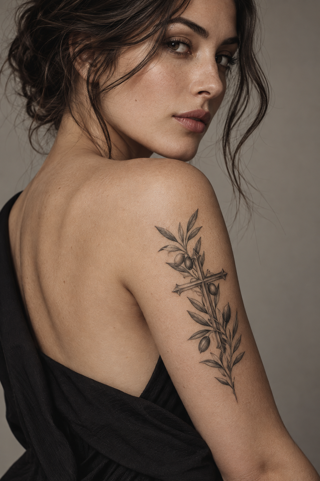Olive branch and cross engraving style Christian tattoo idea