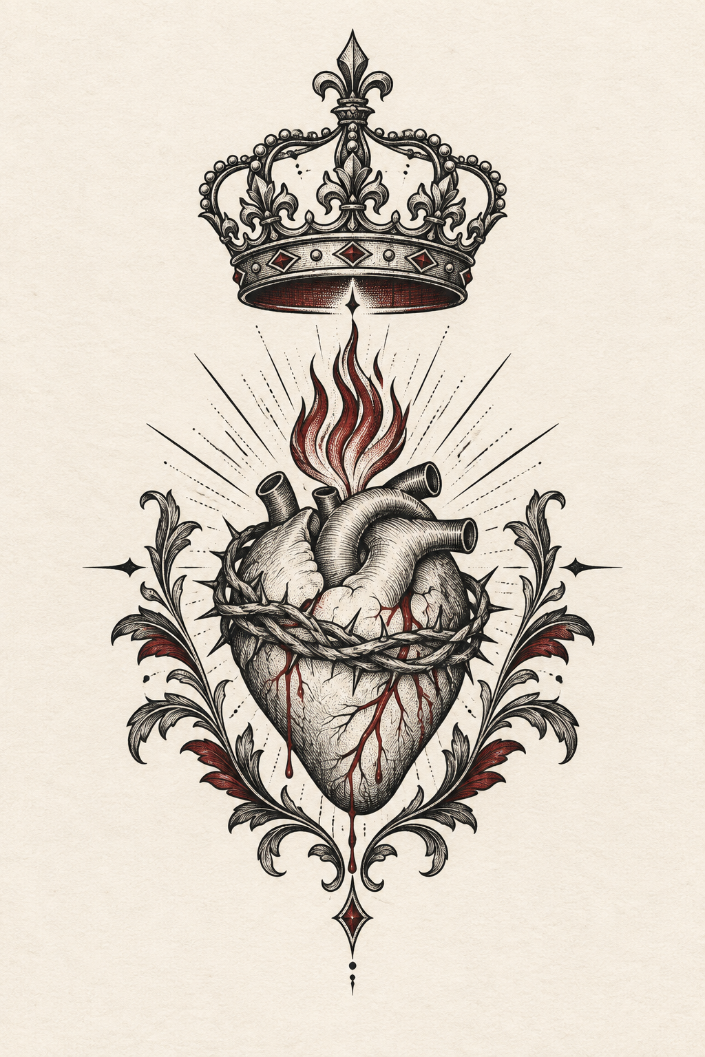 crown of thorns tattoos for men: Crown and sacred heart pairing