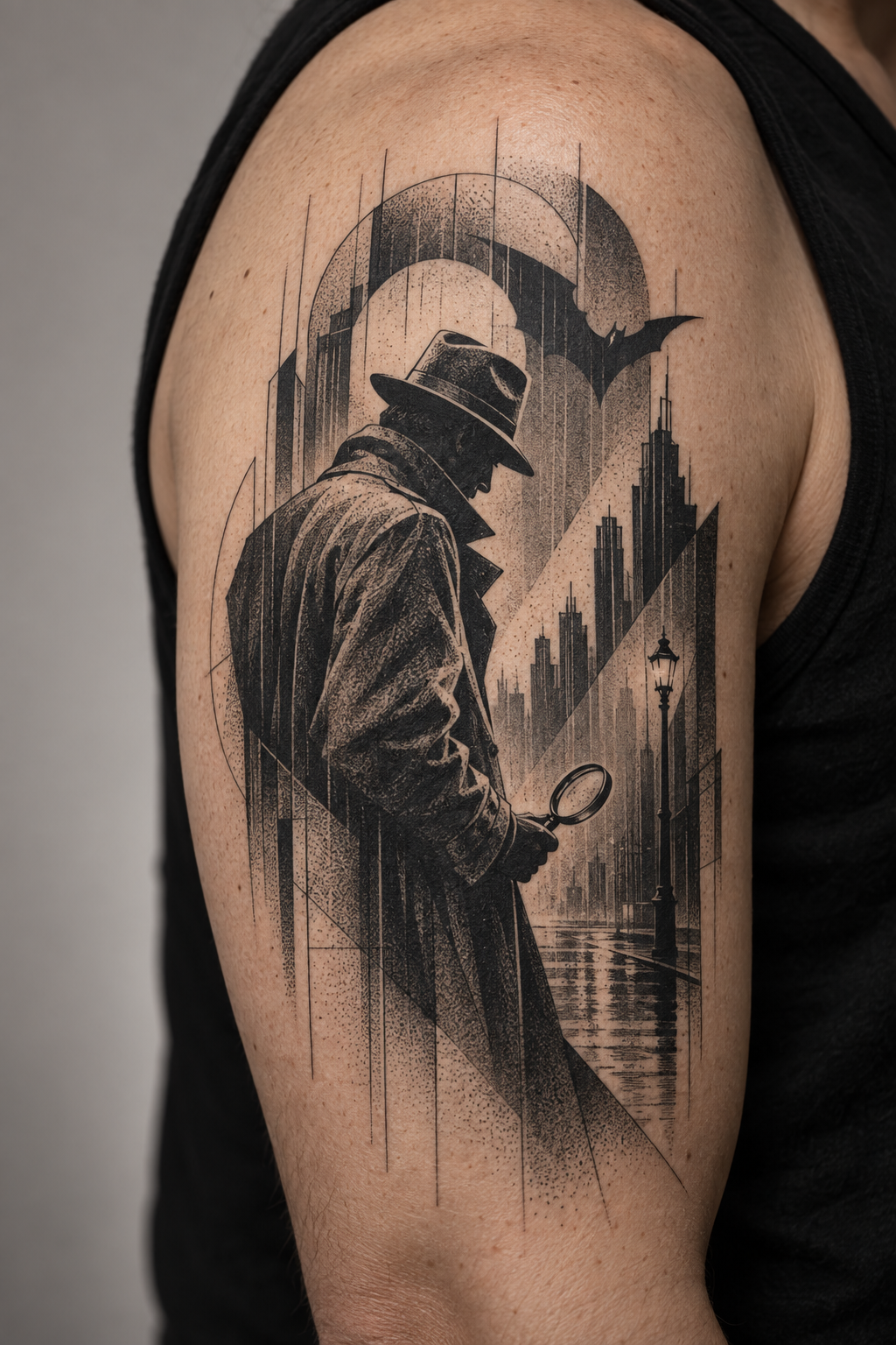 Fine-Line Detective Mark Batman tattoo idea