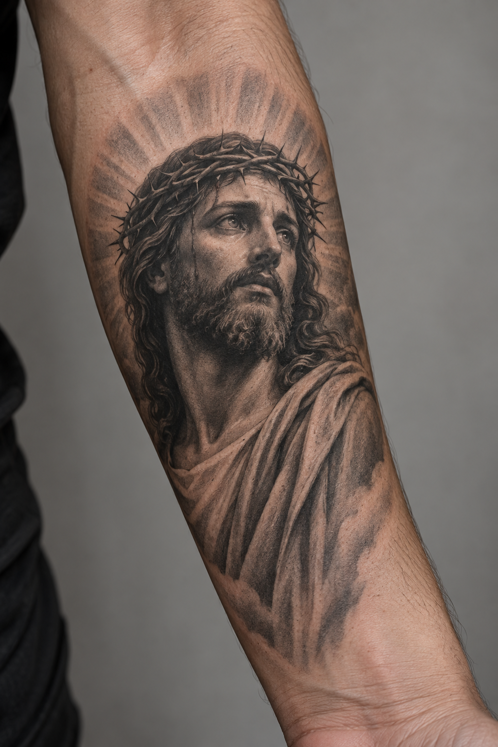 Inner Forearm Jesus Portrait, Jesus tattoos for men
