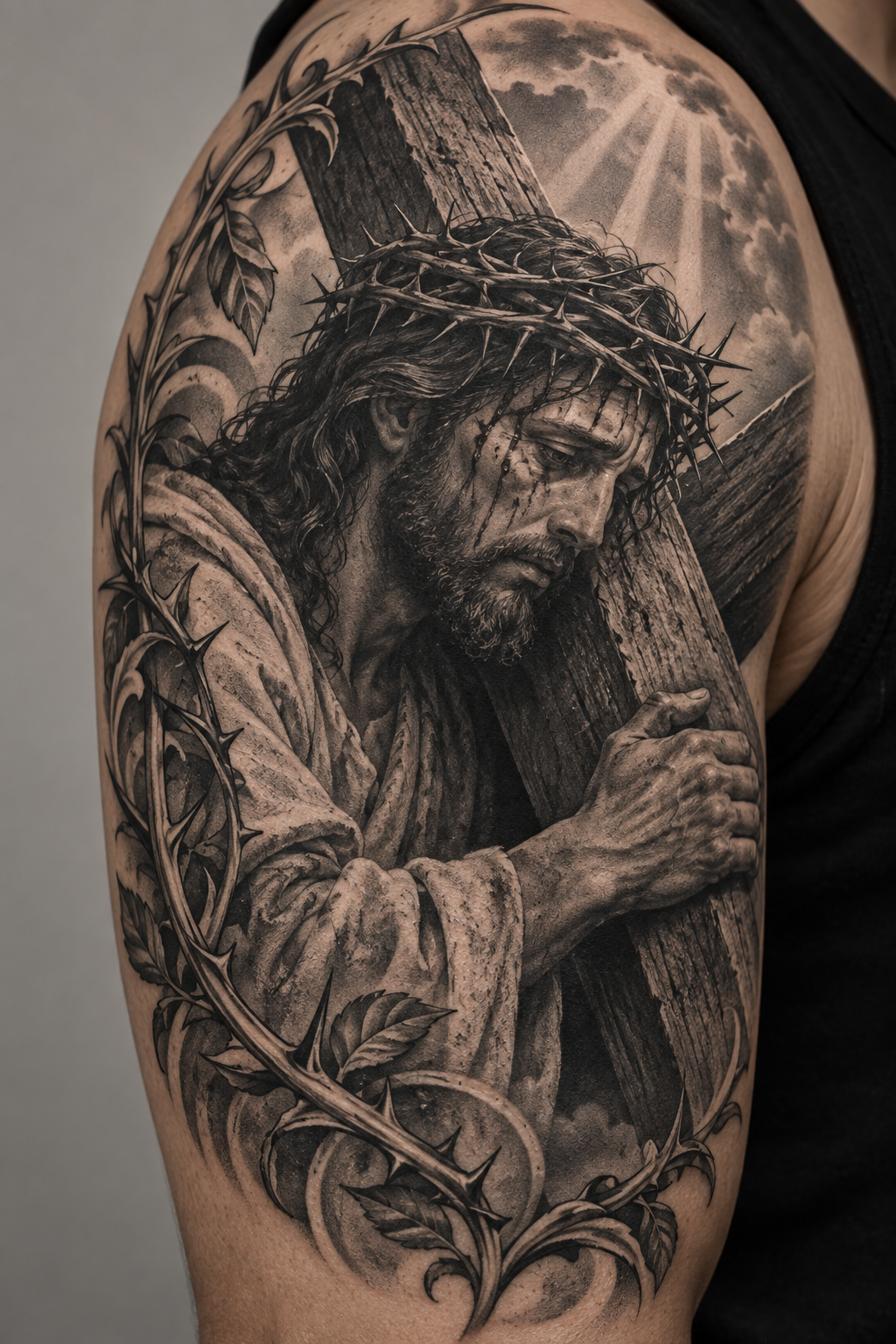 Full-Sleeve Crucifixion Scene, Jesus tattoos for men