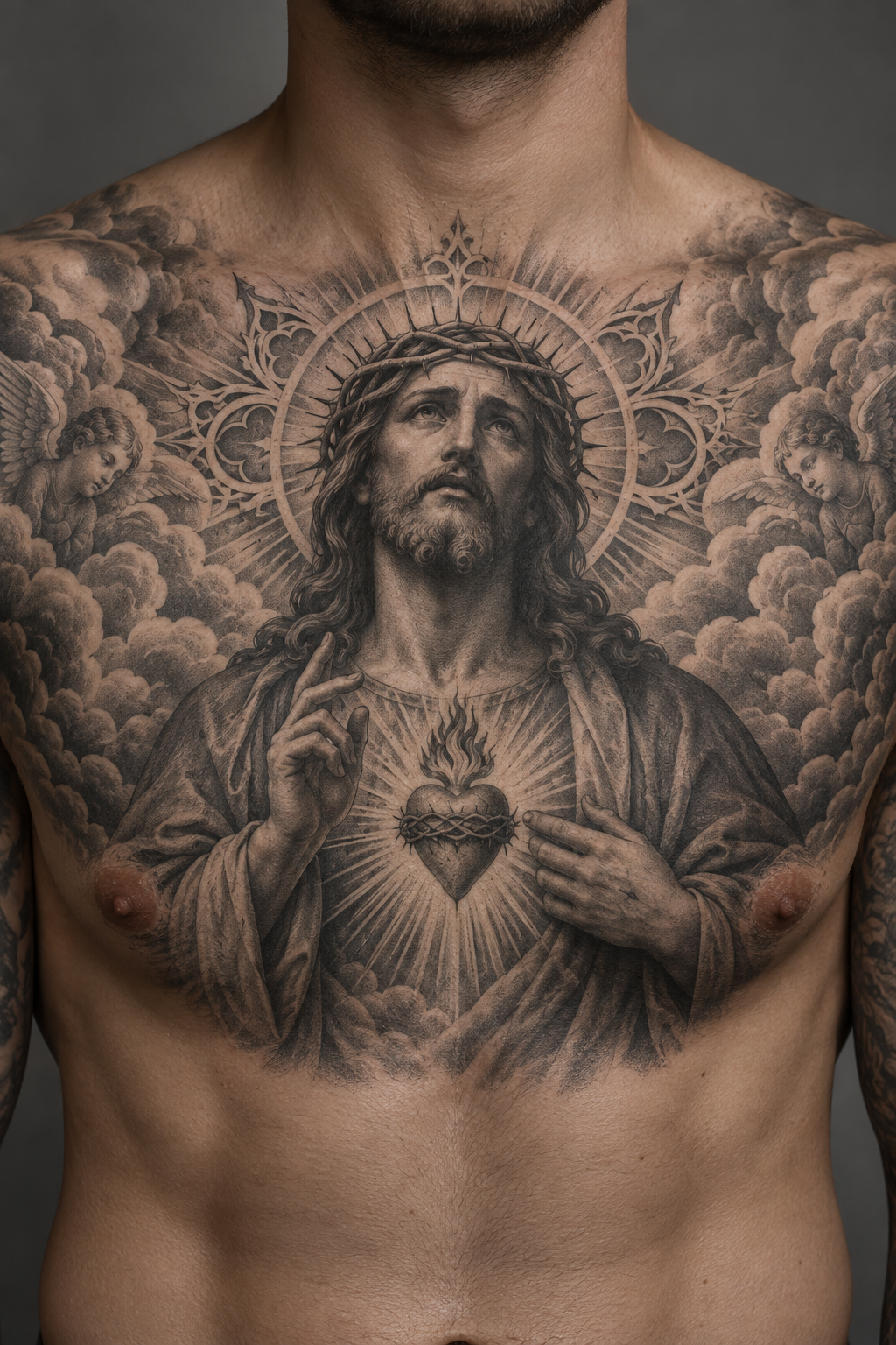 Sacred Heart Chest Tattoo, Jesus tattoos for men