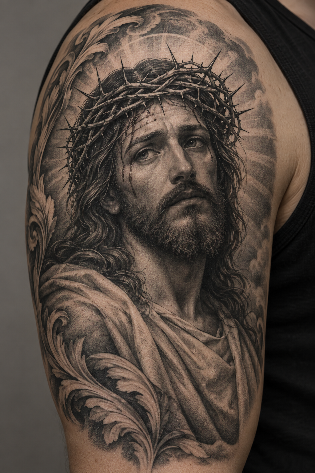 Upper-Arm Jesus Portrait, Jesus tattoos for men