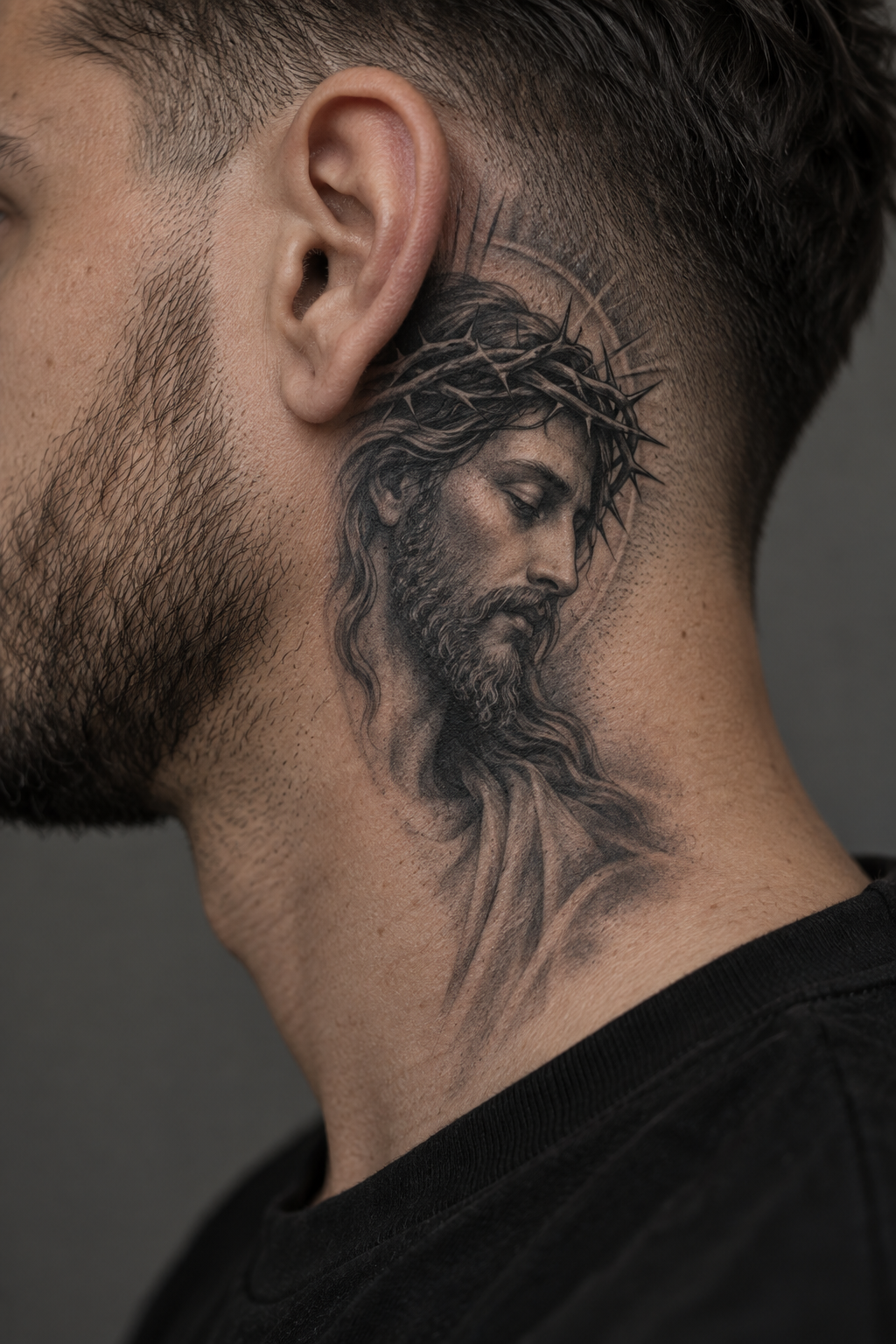 Behind-the-Ear Jesus Portrait, Jesus tattoos for men