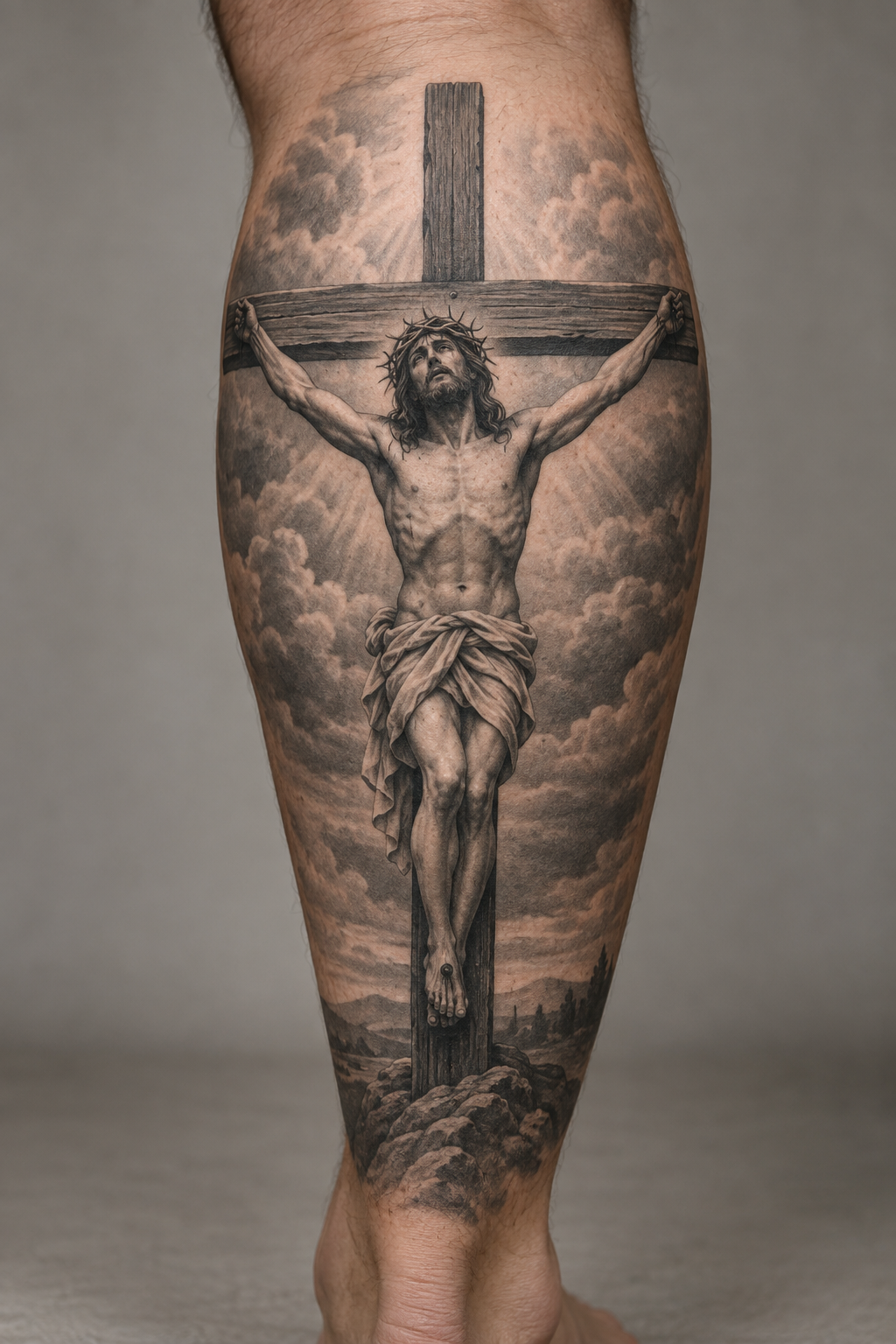 Calf Crucifixion Tattoo, Jesus tattoos for men