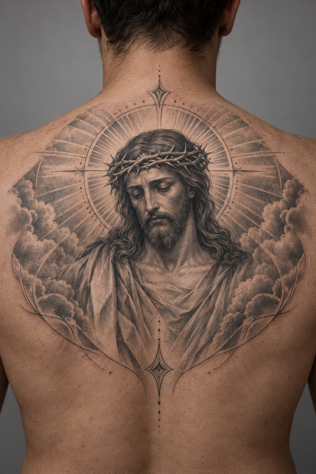 Upper-Back Jesus Figure, Jesus tattoos for men