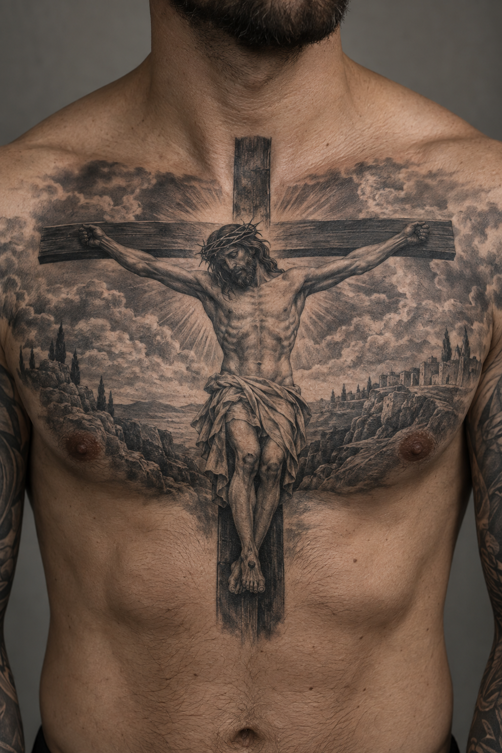 Chest and Torso Crucifixion, Jesus tattoos for men