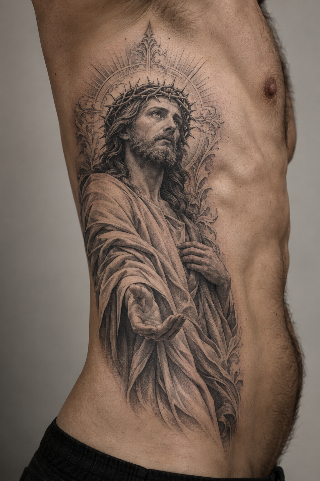 Side-Body Jesus Portrait, Jesus tattoos for men