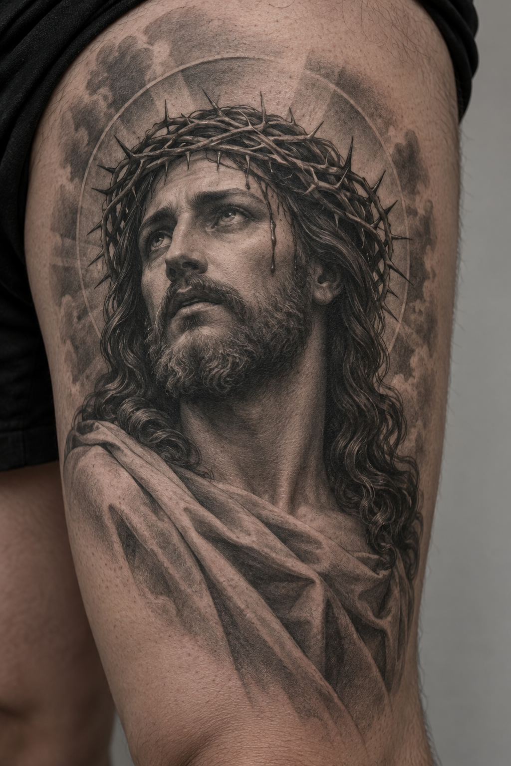 Thigh Jesus Portrait, Jesus tattoos for men