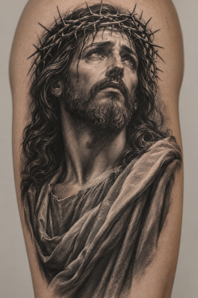 Black-and-gray Jesus tattoo concept for men
