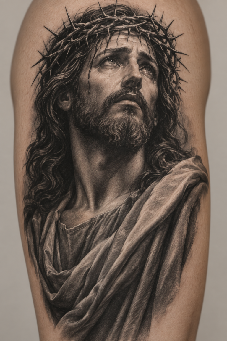 Black-and-gray Jesus tattoo concept for men