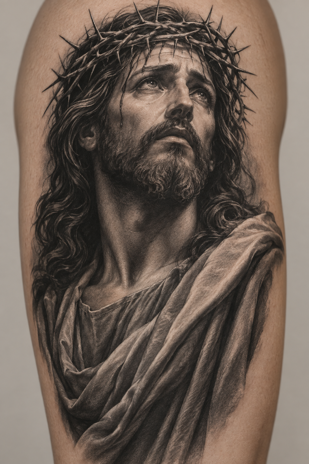 Black-and-gray Jesus tattoo concept for men