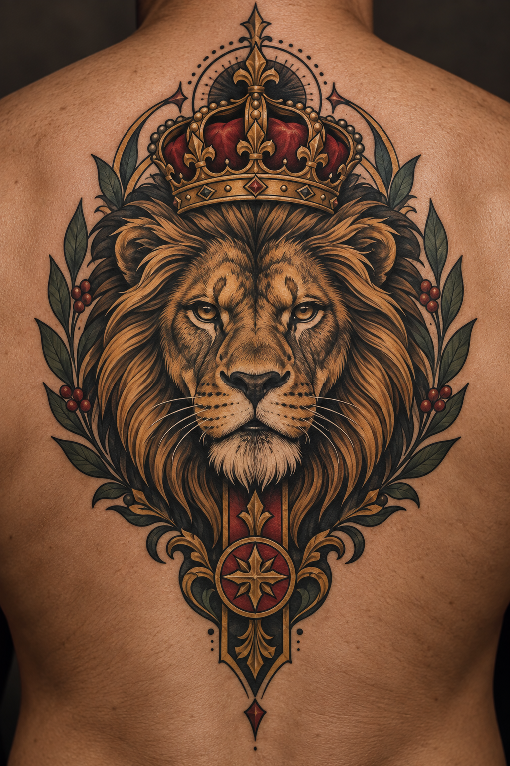 Lion with Crown and Roses Christian hand and wrist tattoo idea