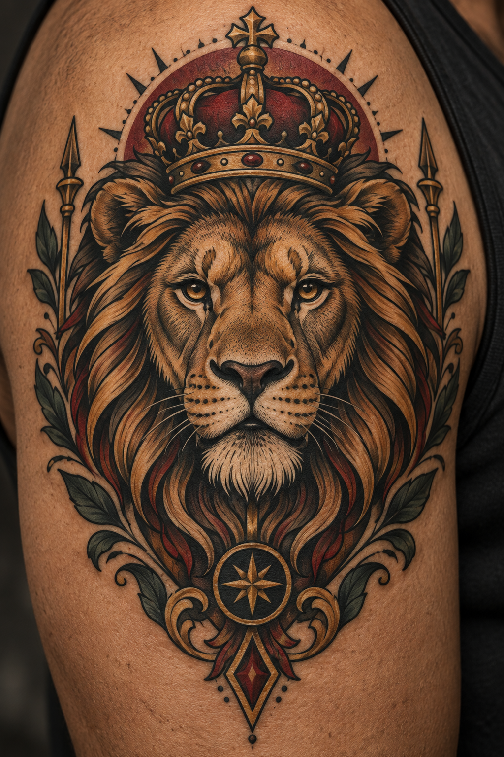 Lion with Bold Blue Accents Christian hand and wrist tattoo idea