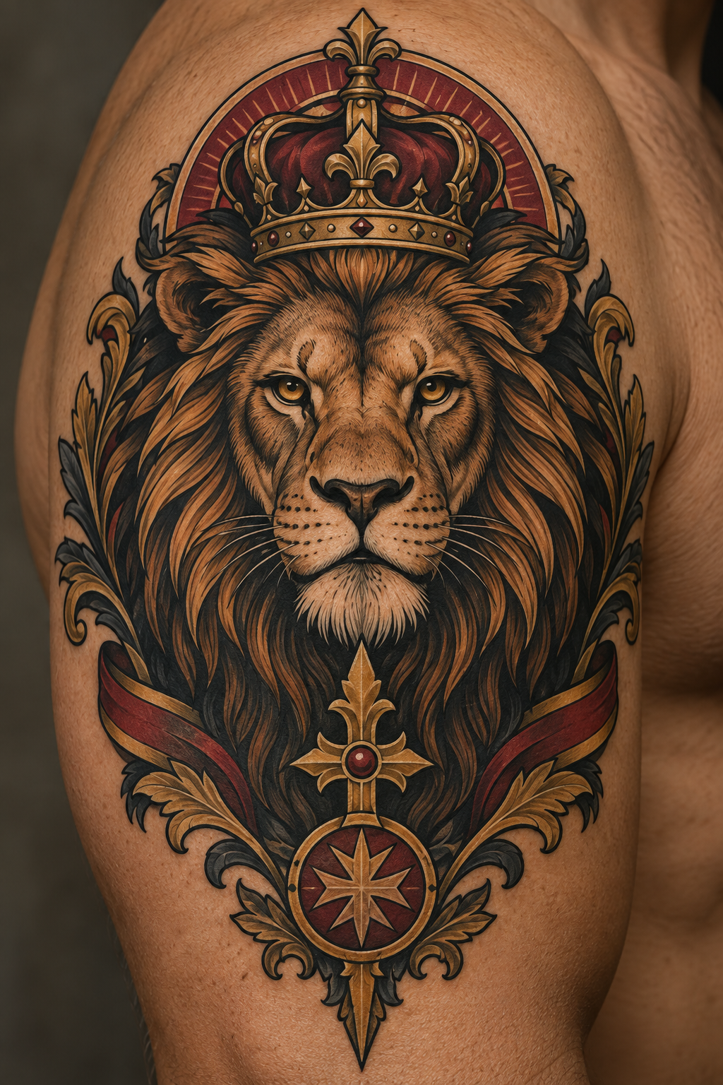 Lion with Ornamental Halo Christian hand and wrist tattoo idea