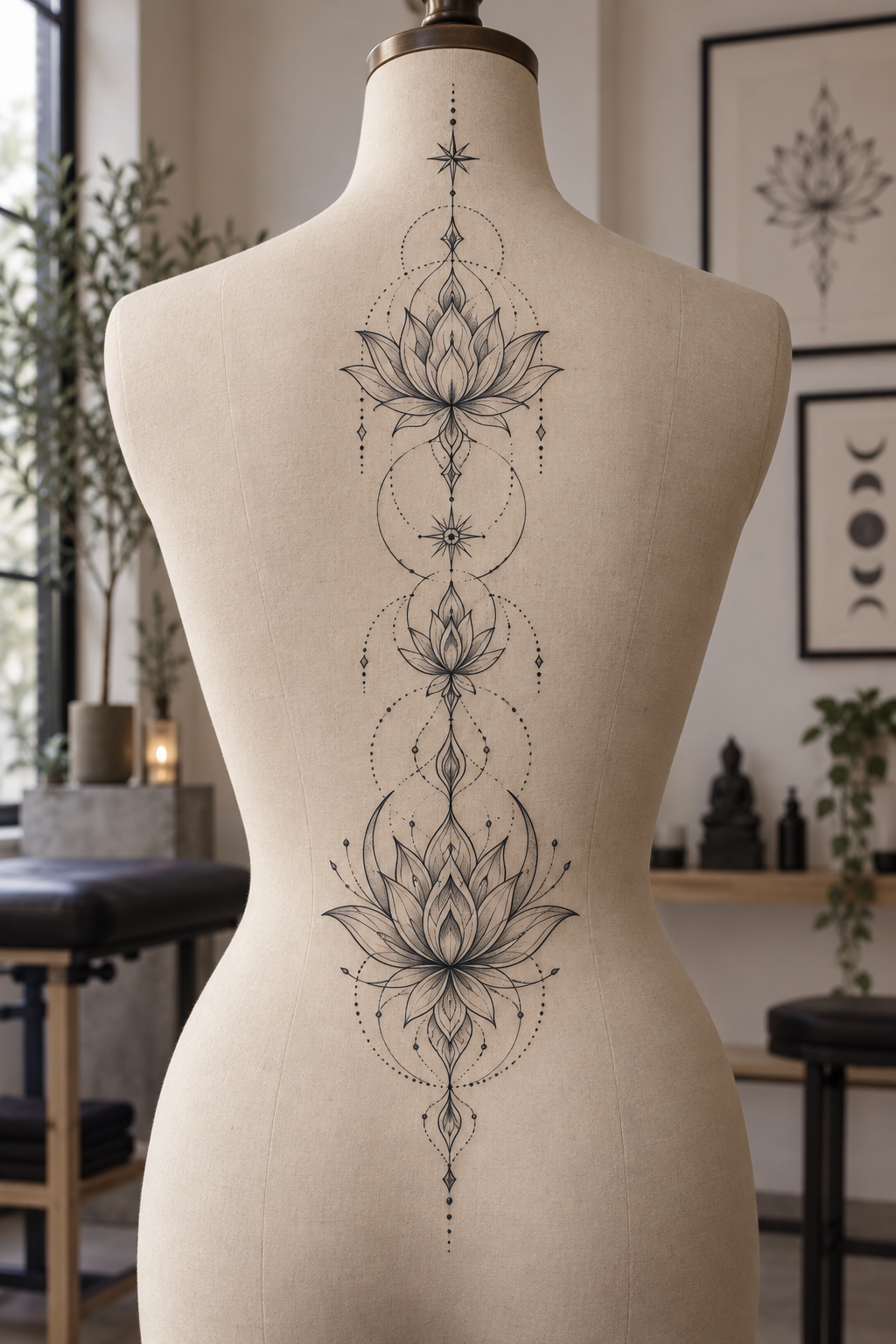 ornamental spiritual spine tattoos with lotus mandala concept