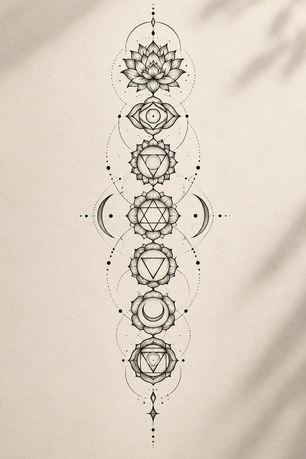 Aligned chakras ornamental spiritual spine tattoo concept