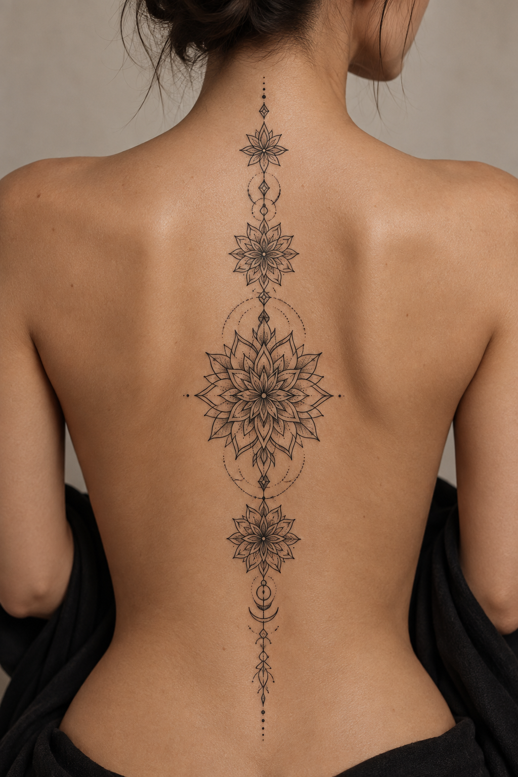 Stacked mandalas ornamental spiritual spine tattoo concept