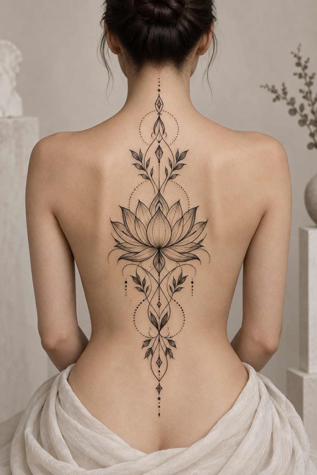 Ornamented lotus ornamental spiritual spine tattoo concept