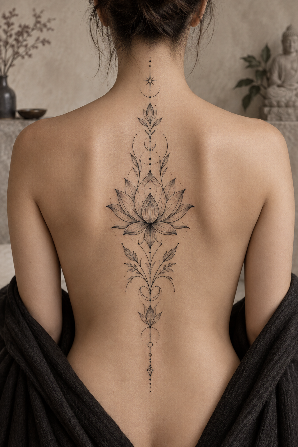 Central lotus ornamental spiritual spine tattoo concept