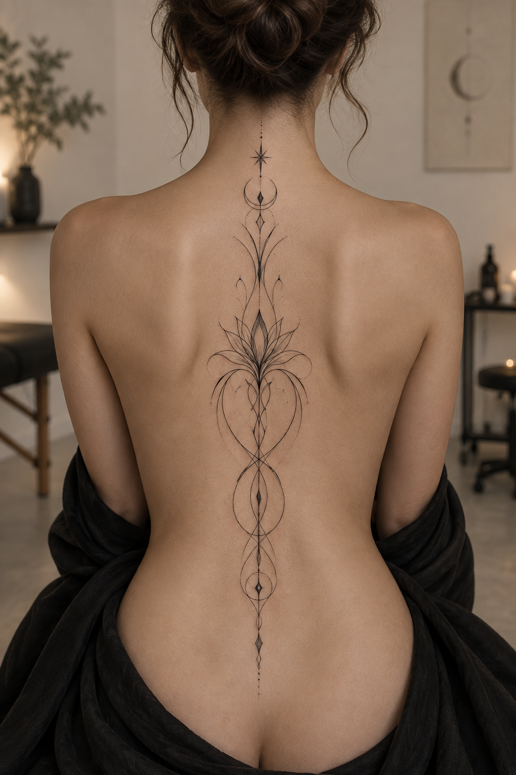 Flowing ornamental lines ornamental spiritual spine tattoo concept