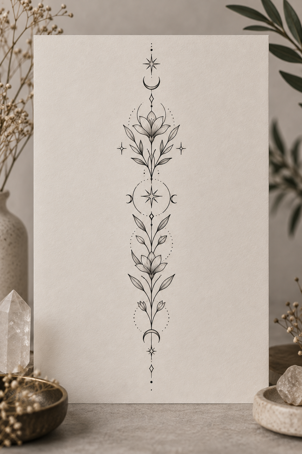 Fine-line spine trail ornamental spiritual spine tattoo concept