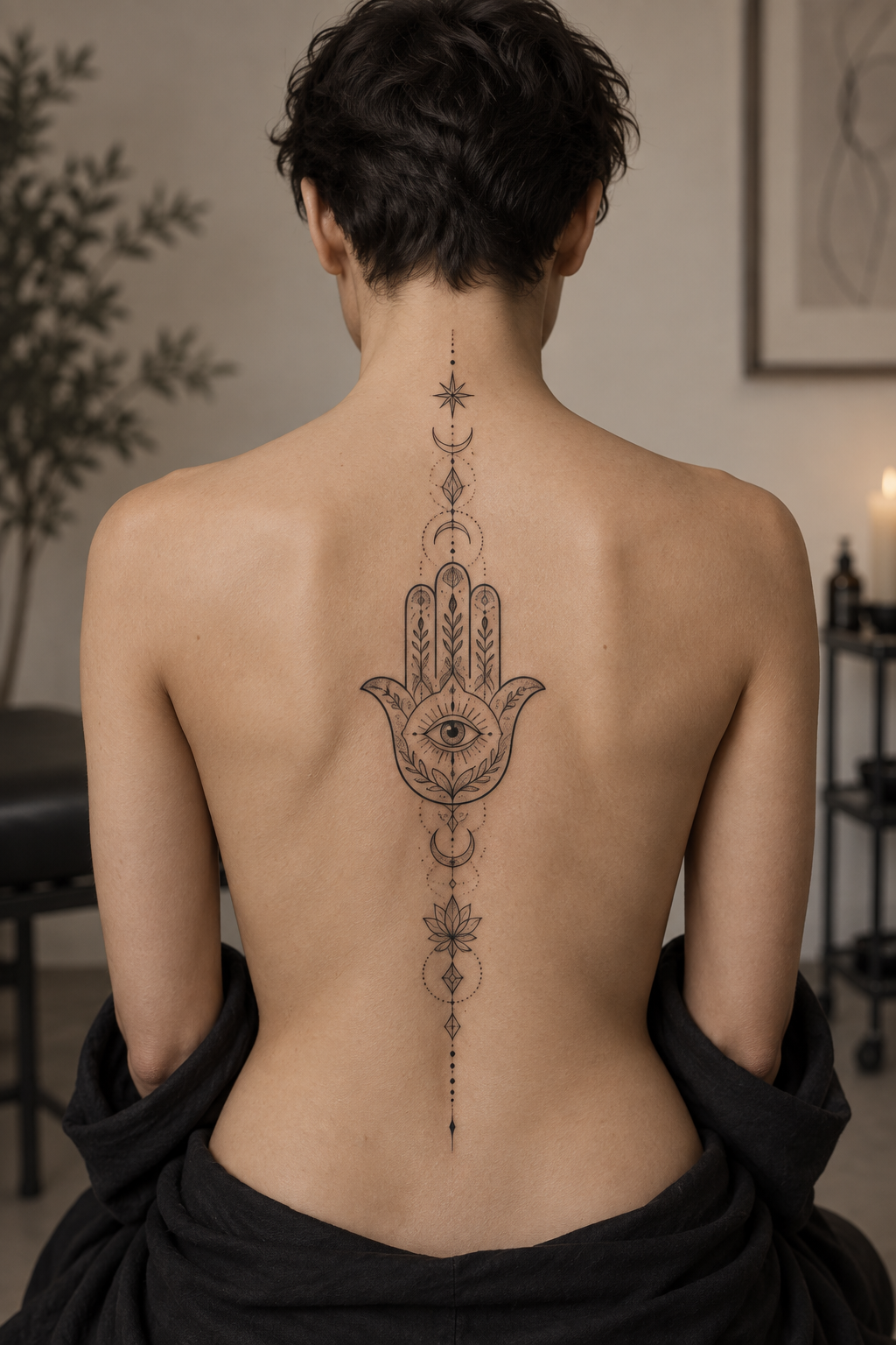 Centered hamsa ornamental spiritual spine tattoo concept
