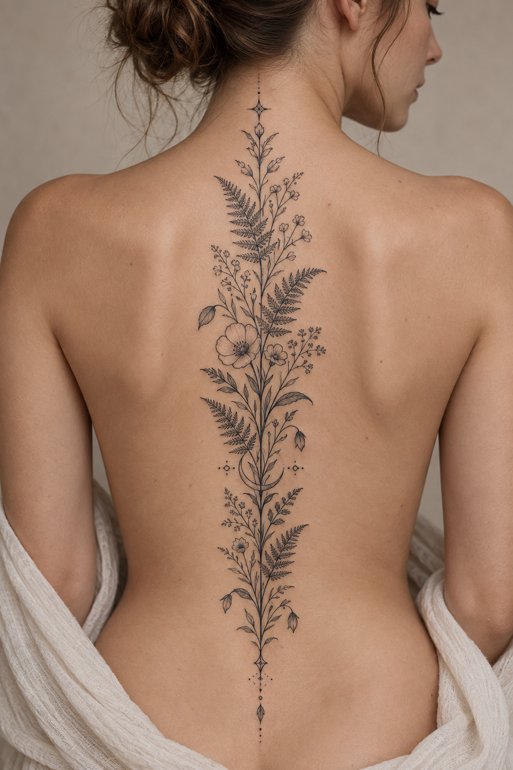 Layered botanical ornament ornamental spiritual spine tattoo concept