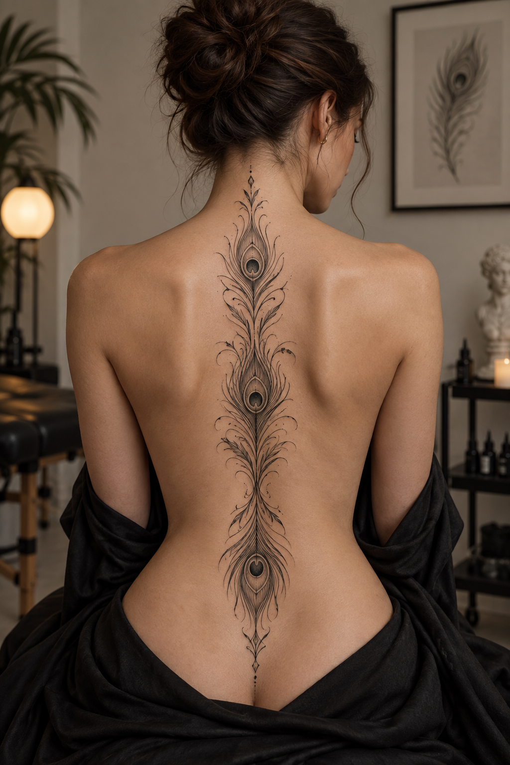 Peacock feathers ornamental spiritual spine tattoo concept