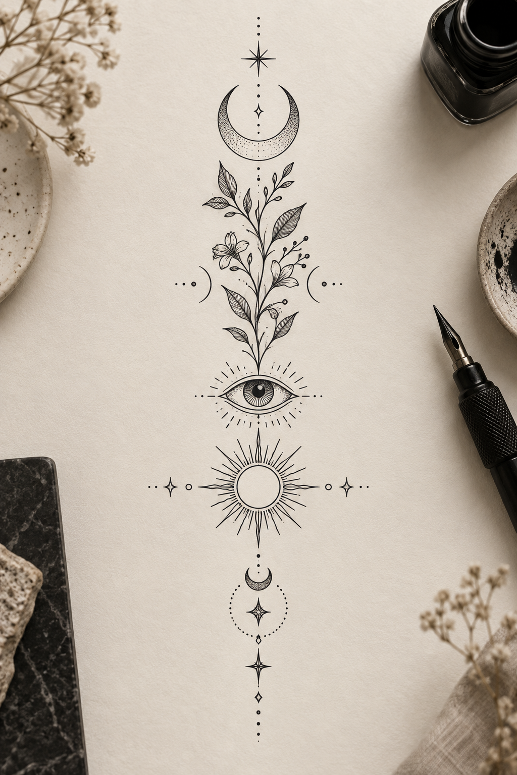 Stacked symbolic motifs ornamental spiritual spine tattoo concept