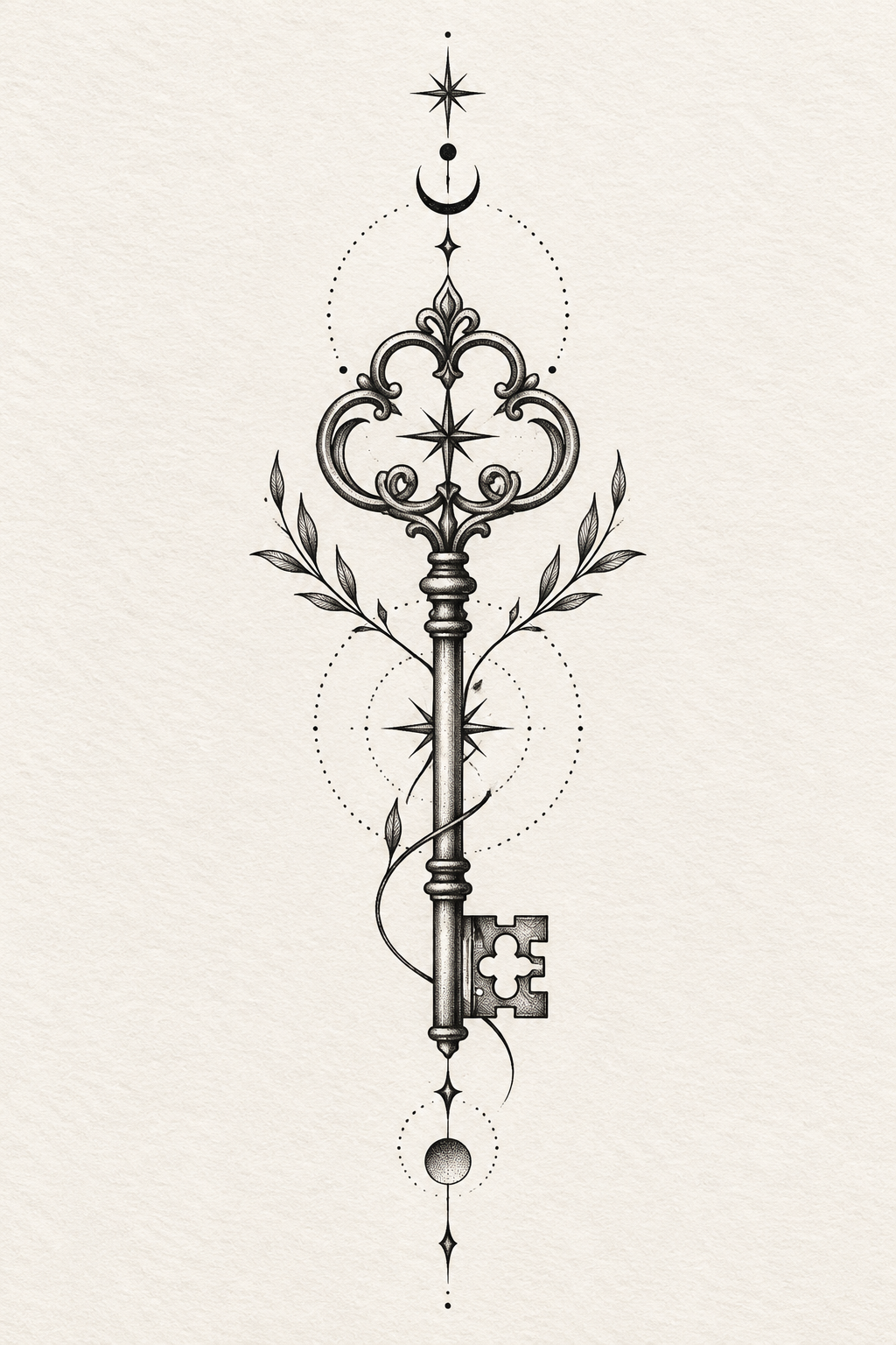 Key motif ornamental spiritual spine tattoo concept