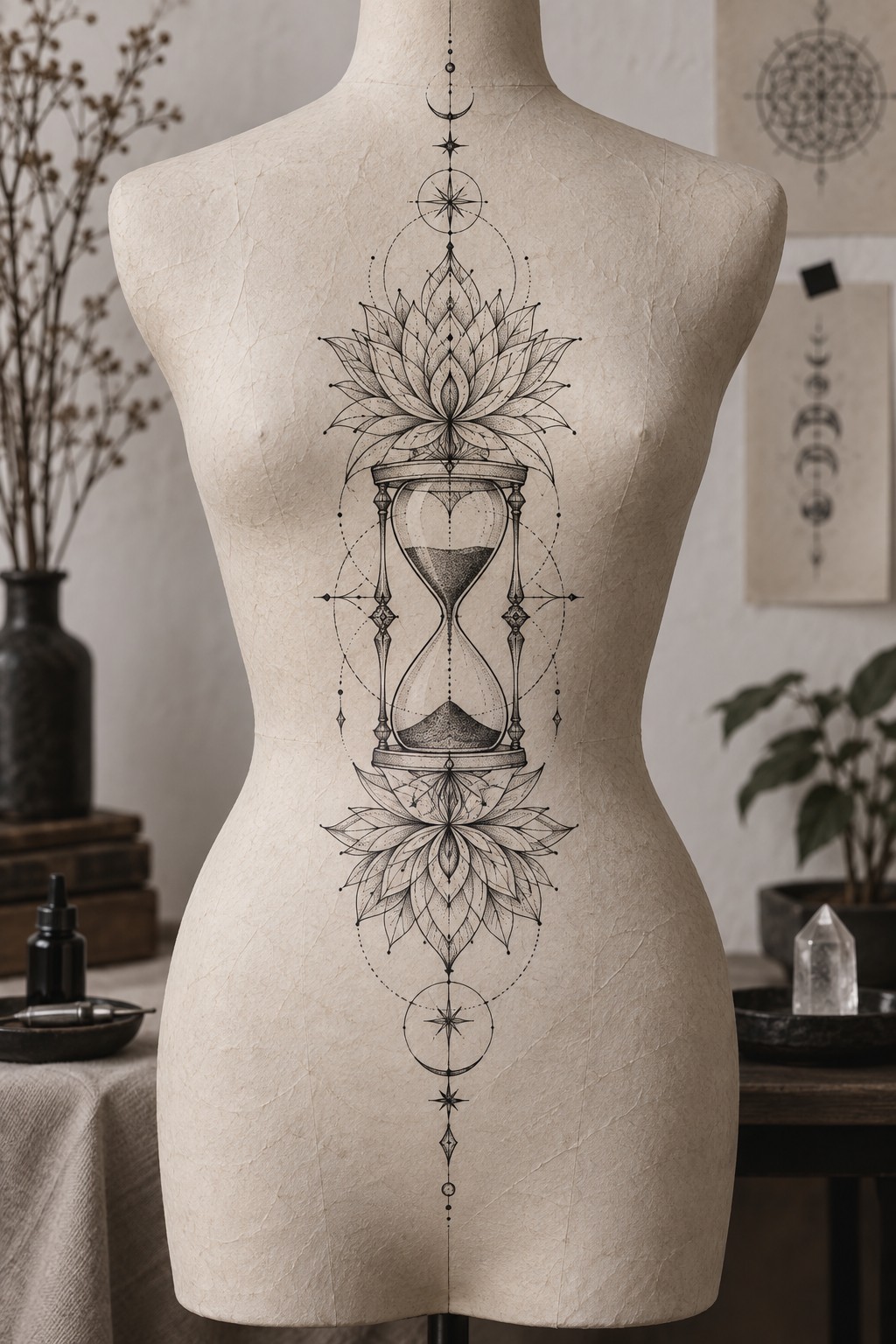 Hourglass and mandalas ornamental spiritual spine tattoo concept