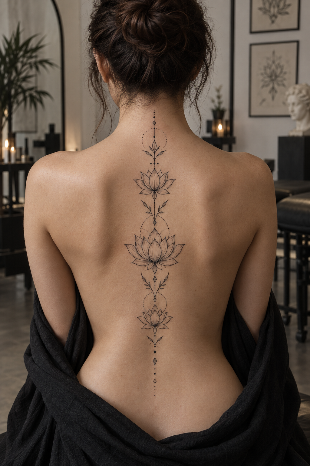 Stacked lotuses ornamental spiritual spine tattoo concept